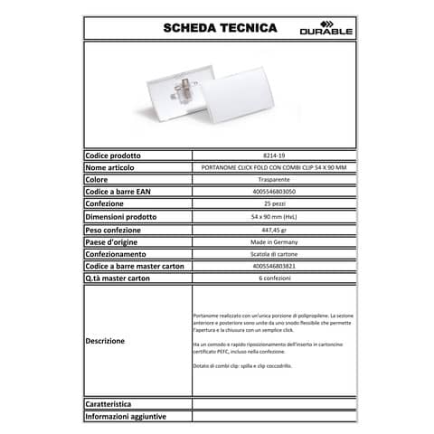 Portanomi DURABLE CLICK FOLD CON COMBI CLIP trasparente inserto 54x90 mm - PPL al 70% riciclato - conf. 25 - 821419